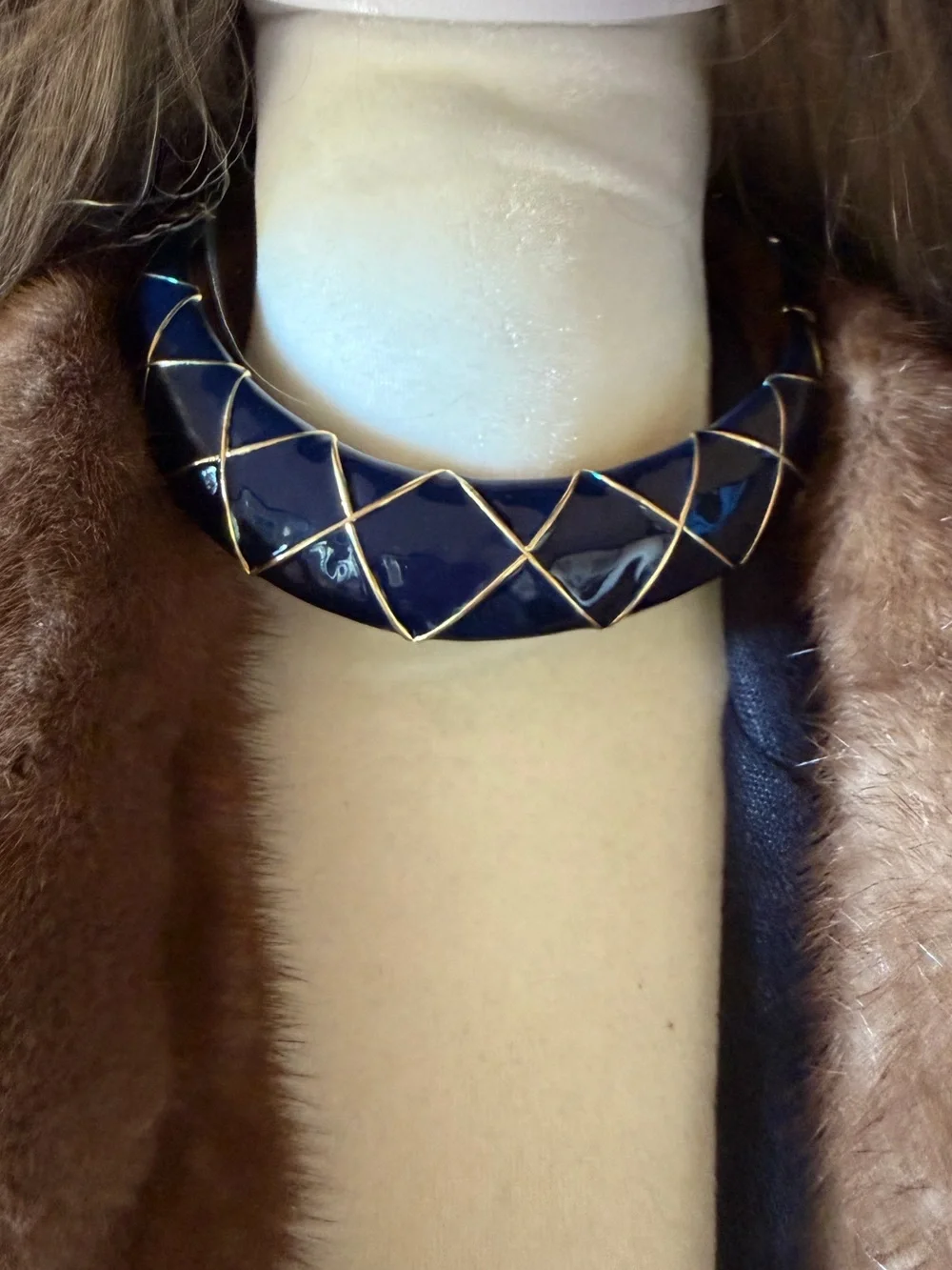 vintage dark navy blue and gold-tone geometric enamel statement choker necklace